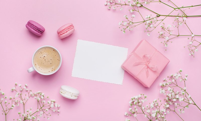 Обои цветы, кофе, подарок, коробка, печенье, макаруны, julia sudnitskaya, flowers, coffee, gift, box, cookies, macaroon разрешение 5616x3744 Загрузить