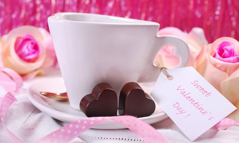 Обои розы, кофе, конфеты, розовые, лента, сердечки, roses, coffee, candy, pink, tape, hearts разрешение 3872x2592 Загрузить