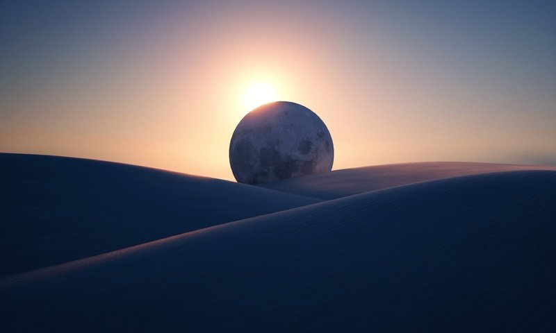 Обои небо, песок, горизонт, пустыня, луна, дюны, the sky, sand, horizon, desert, the moon, dunes разрешение 3840x2560 Загрузить