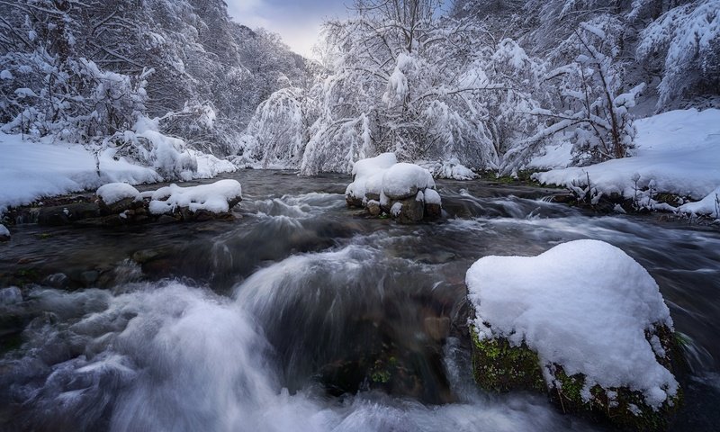 Обои деревья, ветки, вода, водопад, река, иней, снег, поток, камни, речка, течение, берег, заснеженный, лес, зима, trees, branches, water, waterfall, river, frost, snow, stream, stones, for, shore, snowy, forest, winter разрешение 2048x1366 Загрузить