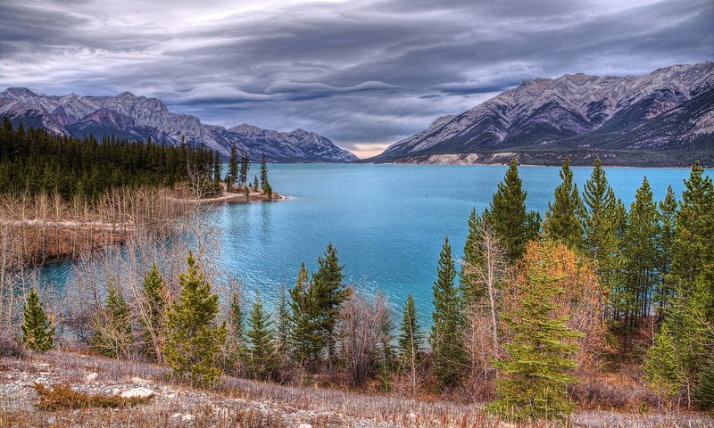 Обои деревья, озеро, горы, природа, тучи, пейзаж, канада, abraham lake, trees, lake, mountains, nature, clouds, landscape, canada разрешение 5627x3745 Загрузить