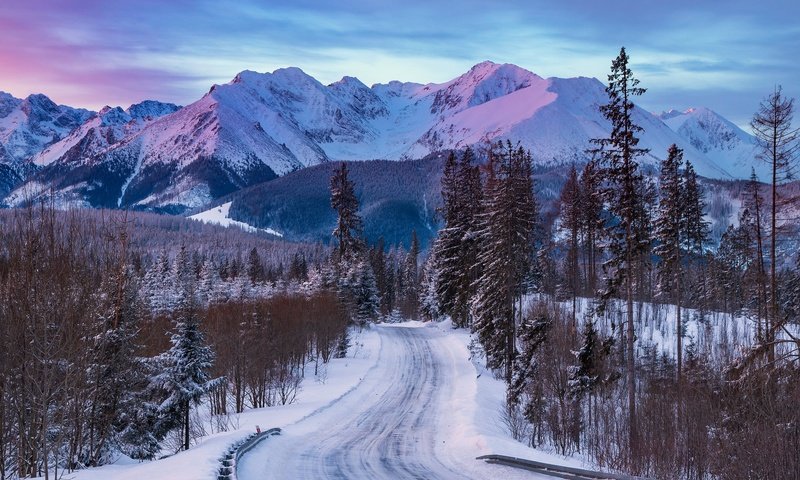 Обои дорога, деревья, горы, снег, лес, зима, road, trees, mountains, snow, forest, winter разрешение 2048x1365 Загрузить