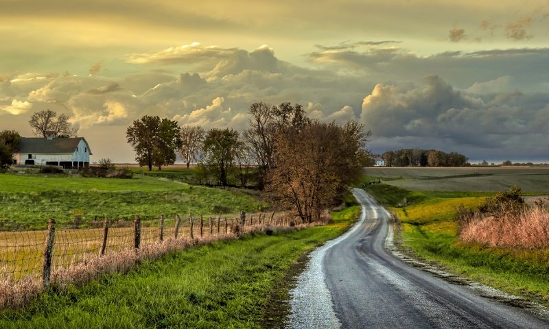 Обои дорога, забор, ферма, road, the fence, farm разрешение 3840x2160 Загрузить