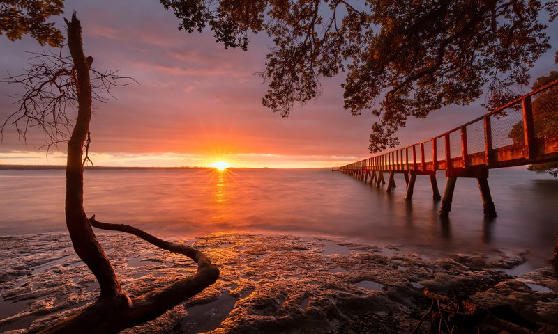 Обои небо, облака, вода, закат, пейзаж, море, горизонт, пирс, the sky, clouds, water, sunset, landscape, sea, horizon, pierce разрешение 4094x2730 Загрузить