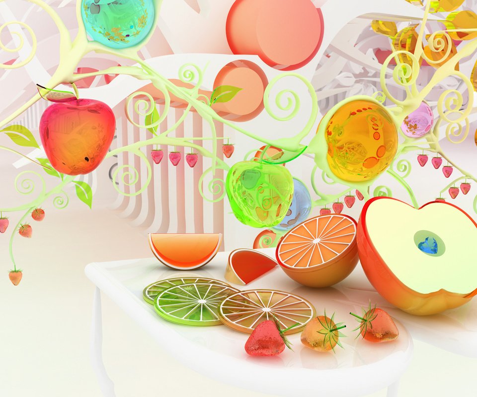 Обои chromatic fruits, разноцветные, фрукты, яблоки, апельсины, клубника, яглды, colorful, fruit, apples, oranges, strawberry, apdi разрешение 1920x1200 Загрузить