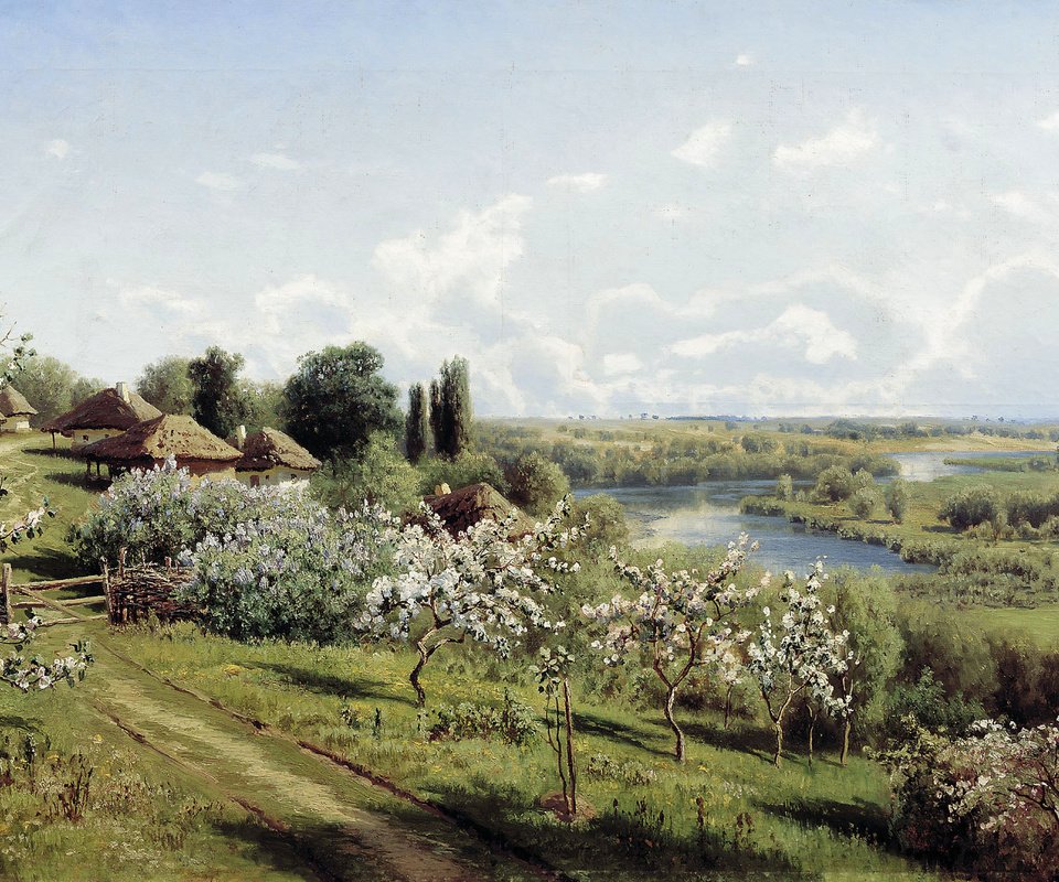 Обои картина, сергеев, яблони в цвету, в малороссии, picture, sergeev, the apple trees in bloom, in the ukraine разрешение 2393x1400 Загрузить