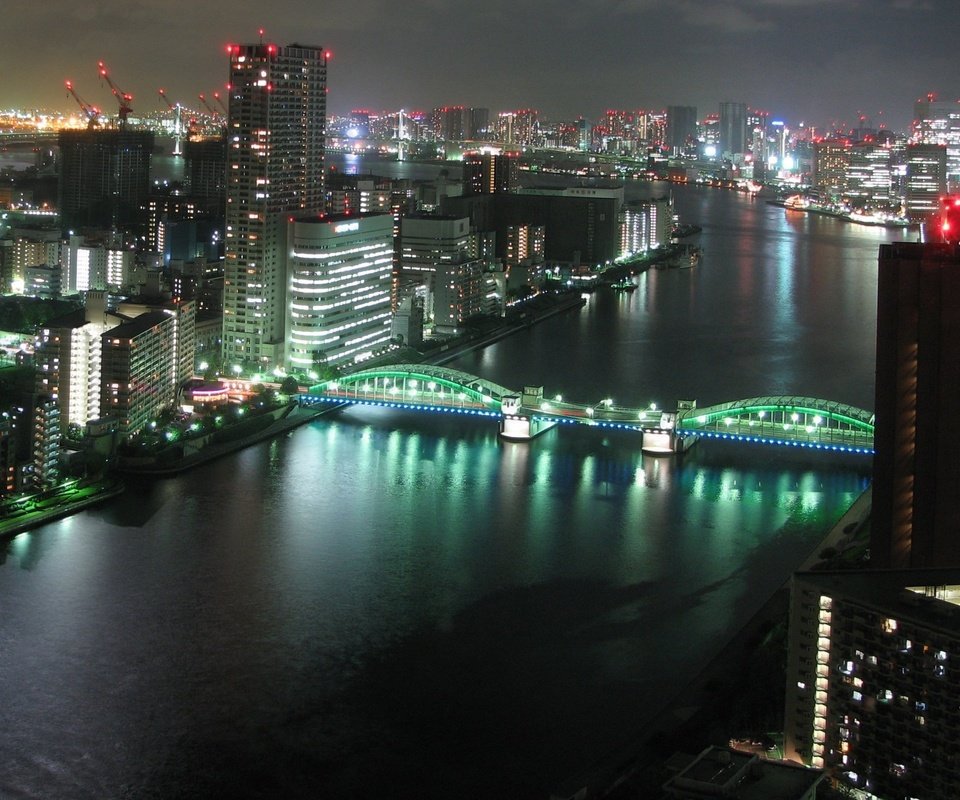 Обои ночь, река, мост, японии, токио, night, river, bridge, japan, tokyo разрешение 5120x1600 Загрузить