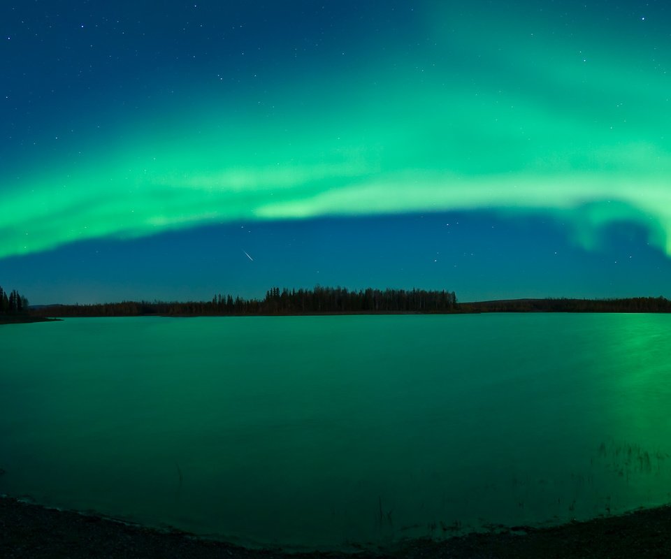 Обои ночь, река, северное сияние, night, river, northern lights разрешение 3360x1320 Загрузить