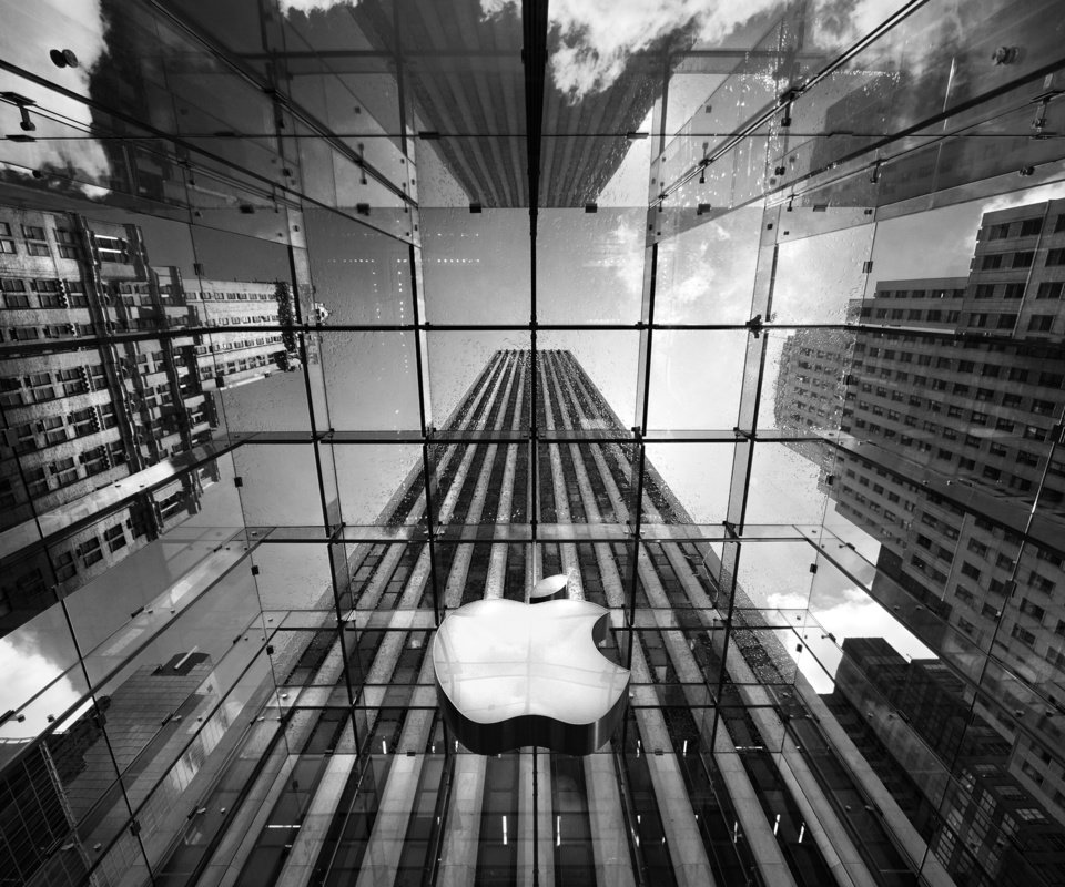 Обои черно-белая, небоскребы, логотип, эппл, black and white, skyscrapers, logo, apple разрешение 2560x1600 Загрузить