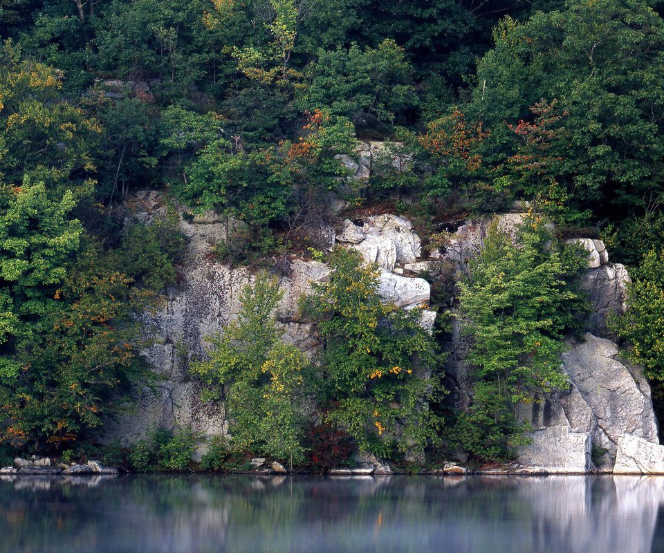 Обои деревья, вода, скалы, отражение, trees, water, rocks, reflection разрешение 2560x1920 Загрузить