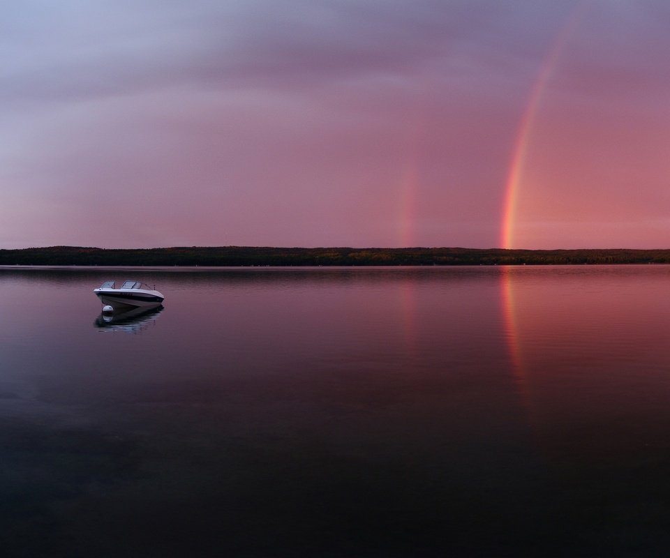 Обои вечер, озеро, радуга, лодка, the evening, lake, rainbow, boat разрешение 2560x1600 Загрузить