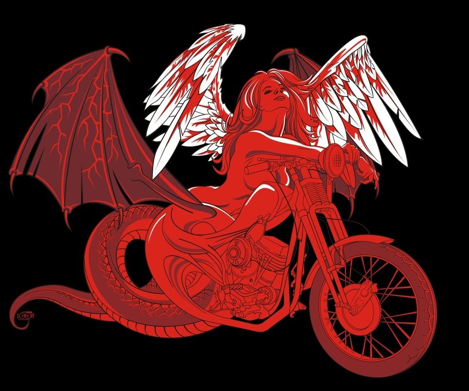 Обои девушка, вектор, крылья, мотоцикл, girl, vector, wings, motorcycle разрешение 1920x1440 Загрузить