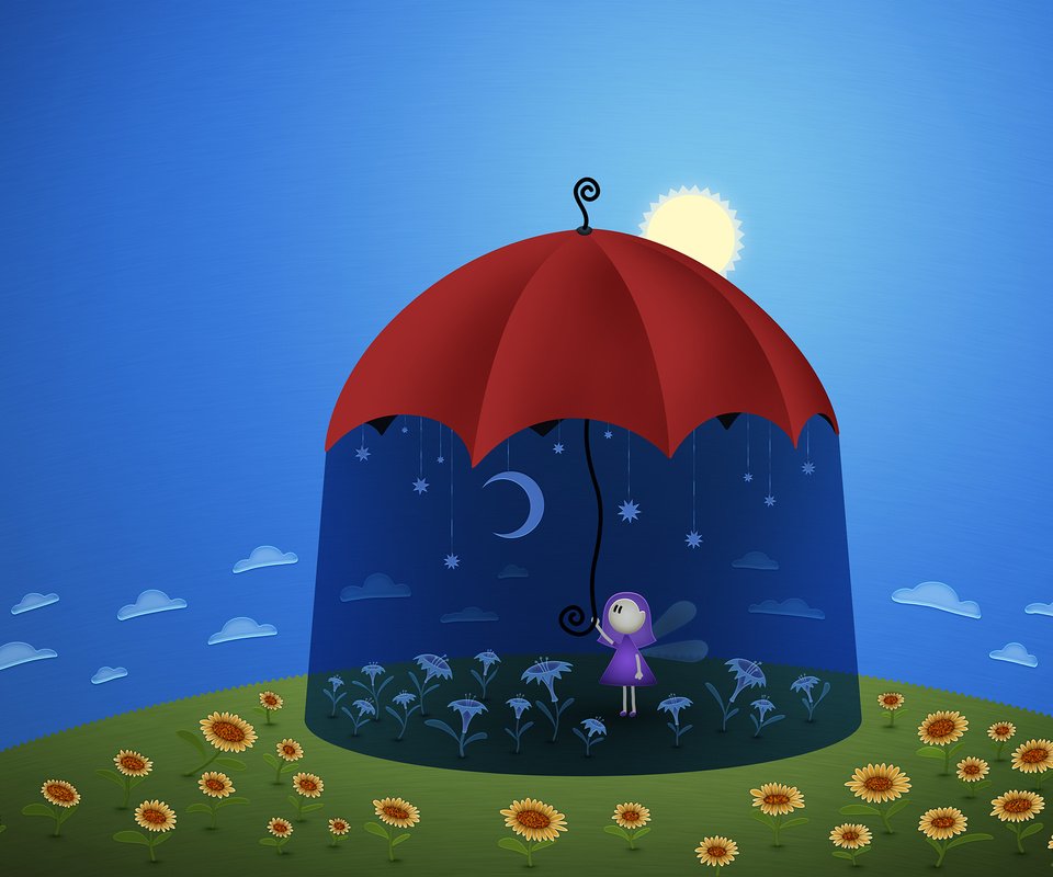 Обои солнце, зонт, подсолнухи, the sun, umbrella, sunflowers разрешение 2560x1600 Загрузить