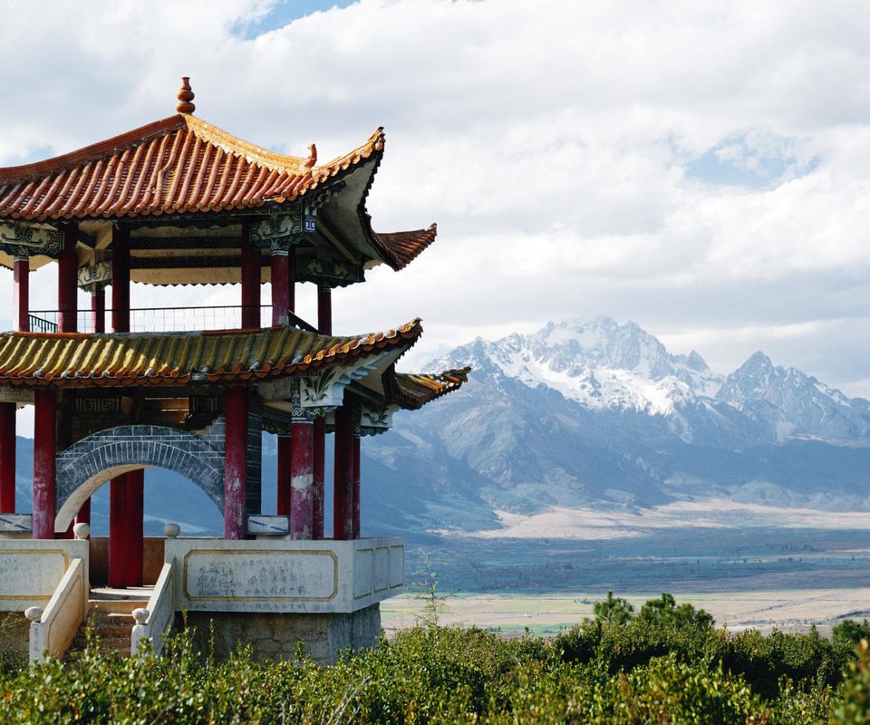 Обои пагода, китай, снежные горы, pagoda, china, snowy mountains разрешение 1920x1080 Загрузить