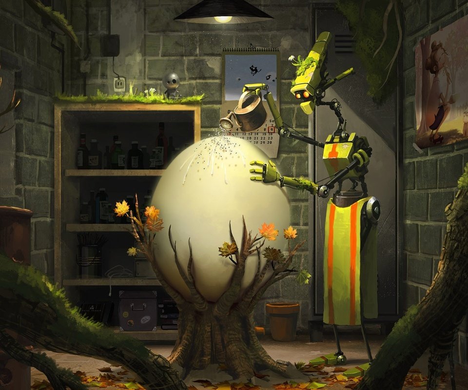 Обои робот, фантазия, жизнь, растение, забота, яйцо, goro fujita - hidden nature, robot, fantasy, life, plant, care, egg разрешение 1920x1200 Загрузить