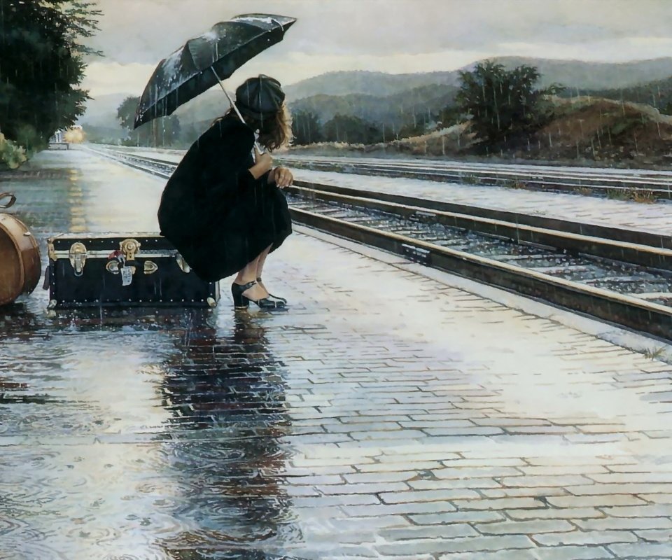 Обои девушка, грусть, дождь, чемодан, перрон, расставание, girl, sadness, rain, suitcase, the platform, parting разрешение 1920x1080 Загрузить
