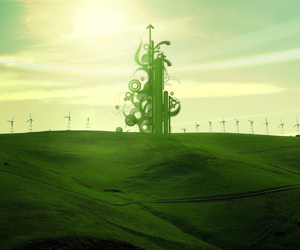 Обои зелёный, поле, обработка, ветряки, green, field, treatment, windmills разрешение 1920x1440 Загрузить