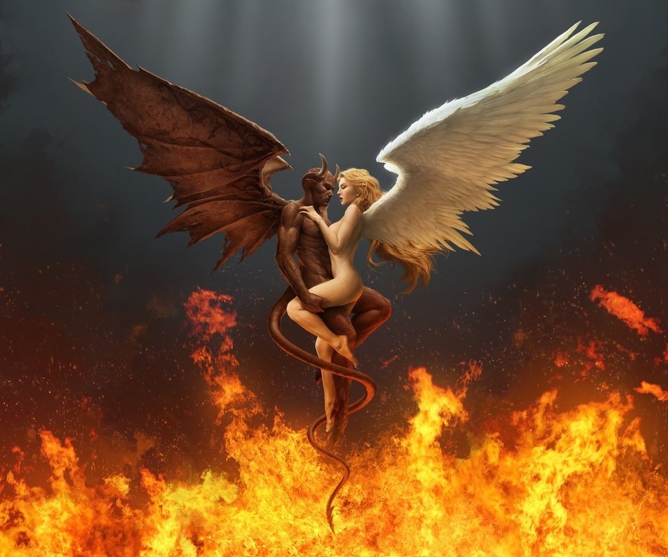 Обои огонь, крылья, ангел, дьявол, сплетение, fire, wings, angel, the devil, plexus разрешение 1920x1200 Загрузить