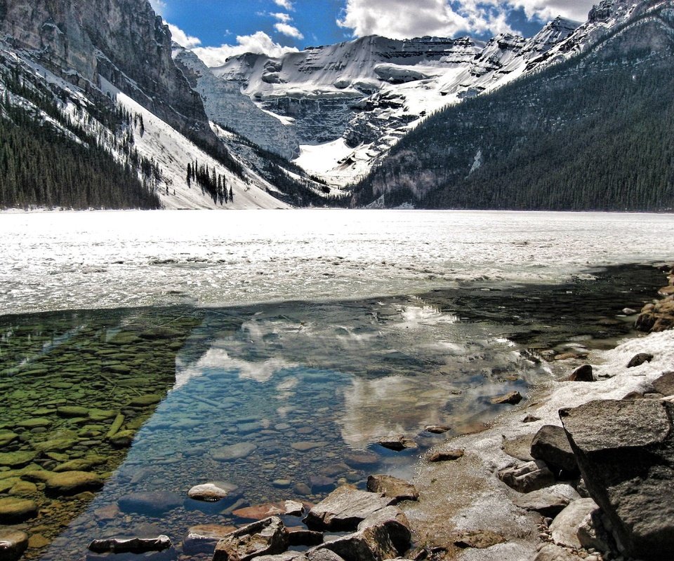 Обои вода, горы, камни, отражение, лёд, water, mountains, stones, reflection, ice разрешение 1920x1440 Загрузить