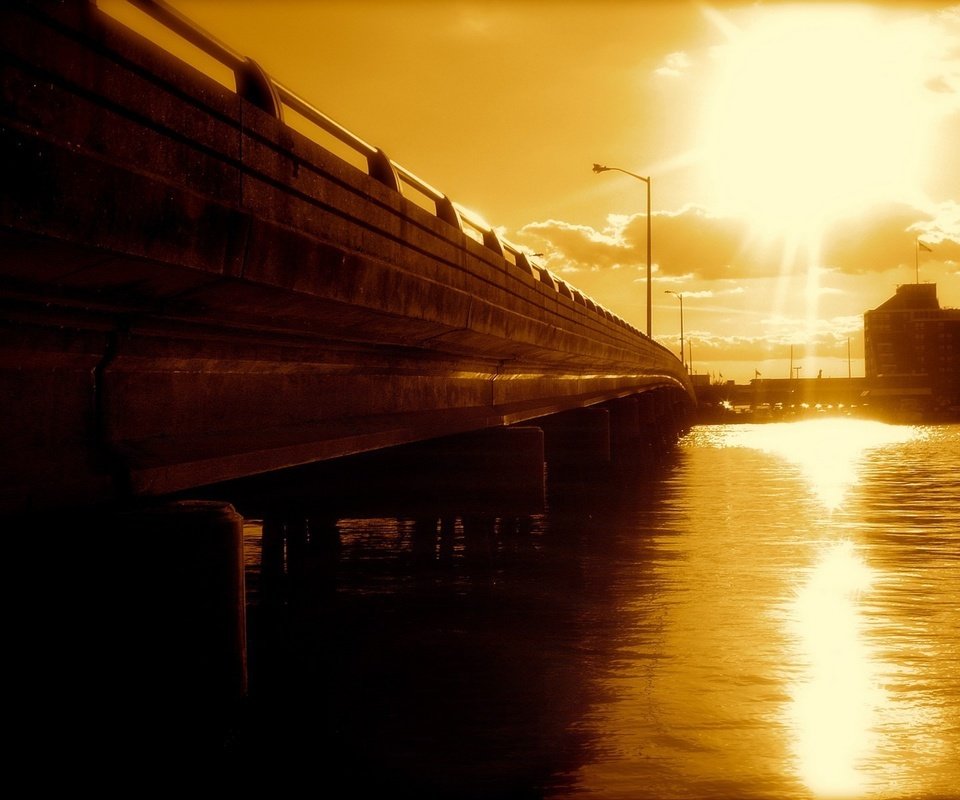 Обои вода, закат, мост, water, sunset, bridge разрешение 1920x1200 Загрузить