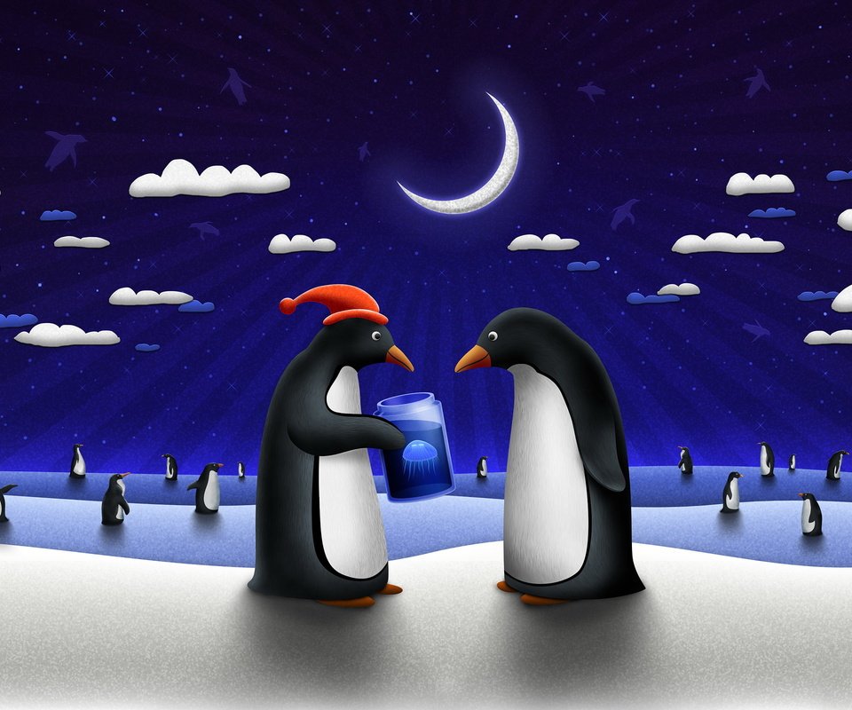 Обои луна, пара, пингвин, the moon, pair, penguin разрешение 2560x1600 Загрузить