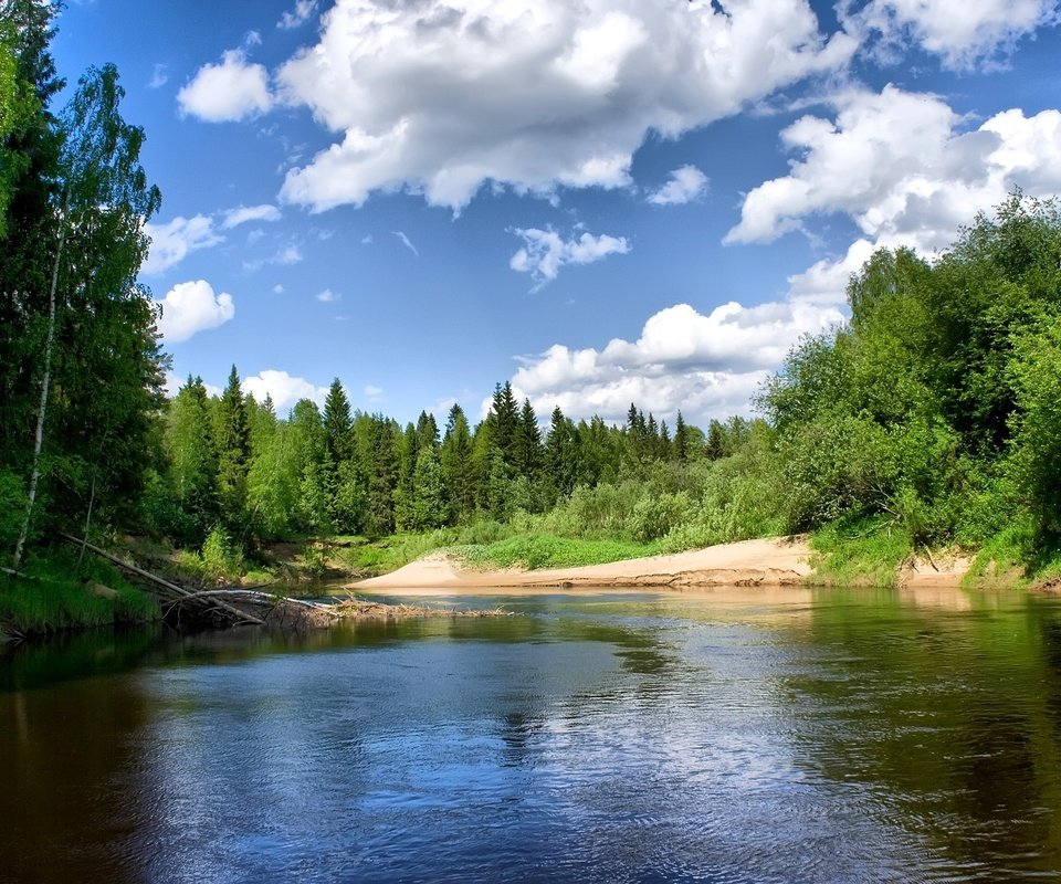 Обои облака, деревья, река, clouds, trees, river разрешение 2000x1333 Загрузить