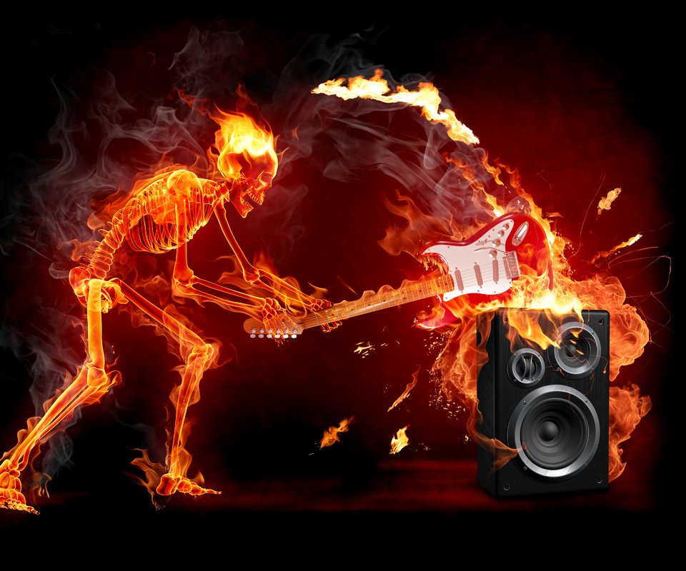 Обои гитара, огонь, рок, скелет, электричество, guitar, fire, rock, skeleton, electricity разрешение 6332x4749 Загрузить