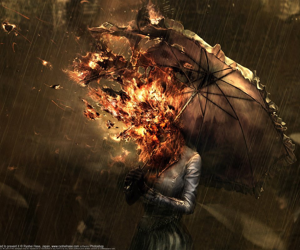 Обои огонь, дождь, зонт, ryohei hase, fire, rain, umbrella разрешение 1920x1200 Загрузить