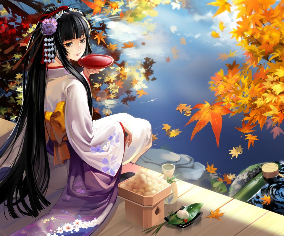 Обои озеро, девушка, осень, гейша, lake, girl, autumn, geisha разрешение 1920x1200 Загрузить