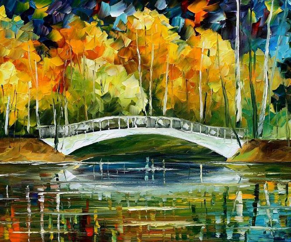 Обои мост, осень, white bride new oil, картина маслом, bridge, autumn, oil painting разрешение 2200x1200 Загрузить