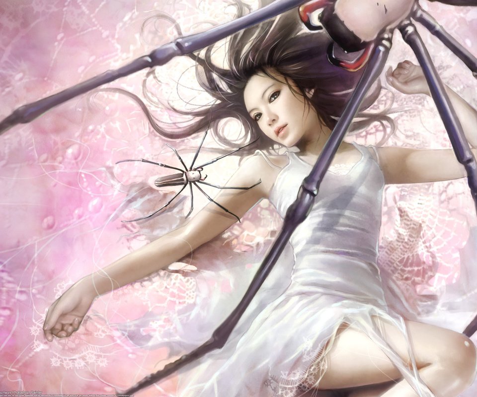 Обои девушка, паутина, i-chen lin, пауки, белое платье, girl, web, spiders, white dress разрешение 2560x1600 Загрузить