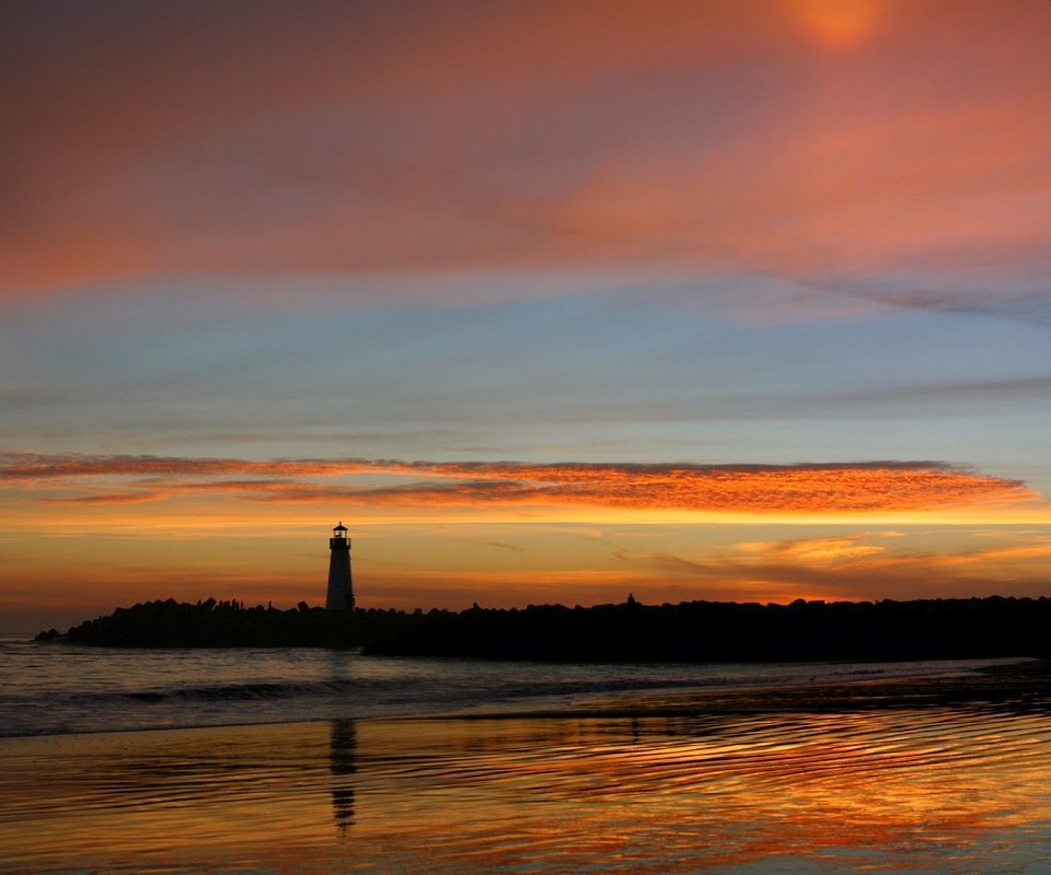 Обои закат, отражение, маяк, sunset, reflection, lighthouse разрешение 1920x1440 Загрузить