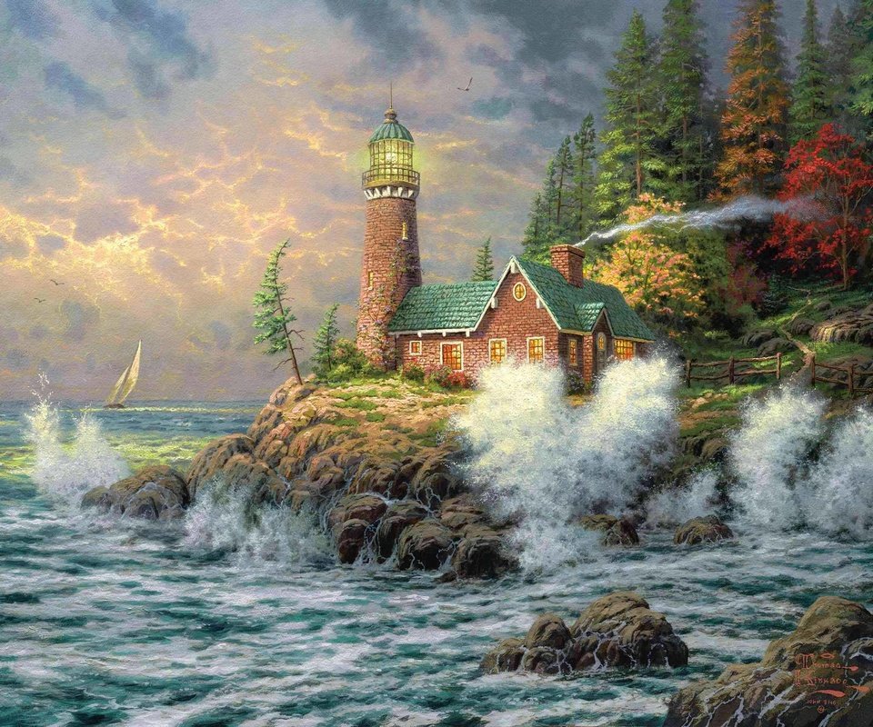 Обои картина, море, маяк, живопись, томас кинкейд, picture, sea, lighthouse, painting, thomas kinkade разрешение 2391x1795 Загрузить