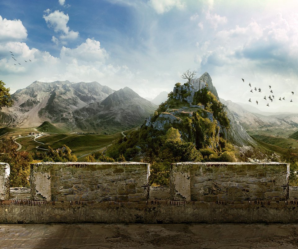 Обои небо, горы, деревня, стена, руины, птицы, балкон, the sky, mountains, village, wall, ruins, birds, balcony разрешение 1920x1050 Загрузить