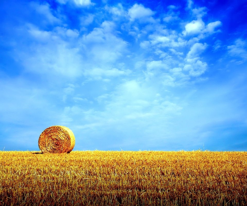 Обои небо, облака, поле, горизонт, сено, стог, the sky, clouds, field, horizon, hay, stack разрешение 1920x1440 Загрузить