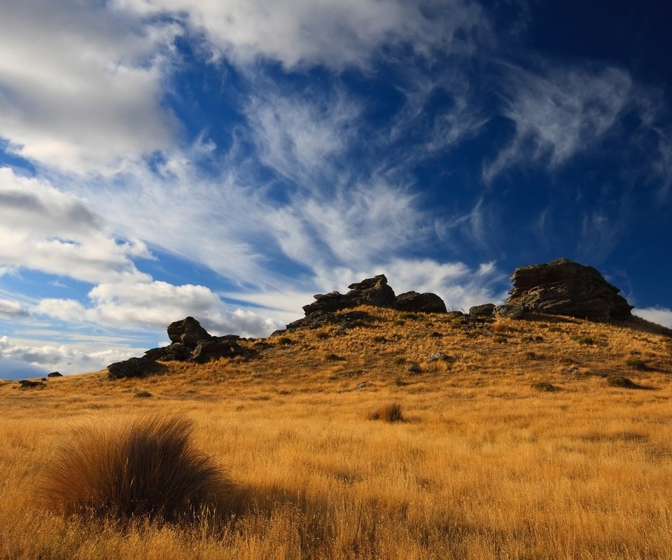 Обои небо, холмы, природа, камни, растения, пейзаж, поле, травы, the sky, hills, nature, stones, plants, landscape, field, grass разрешение 1920x1200 Загрузить