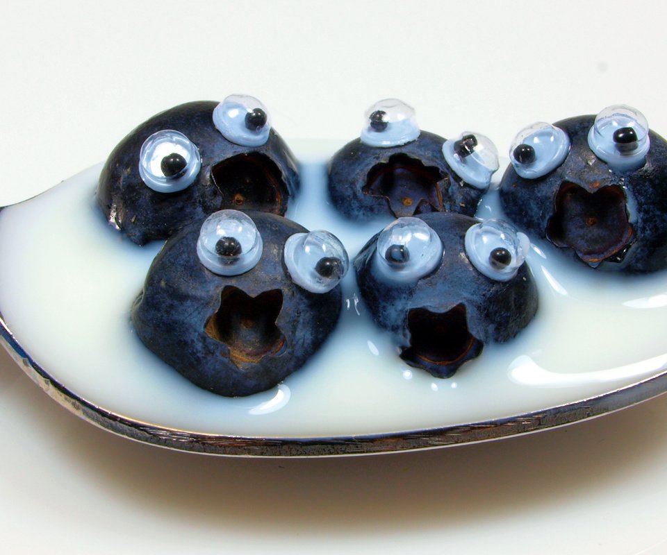 Обои глаза, ягоды, юмор, черника, молоко, сливки, ложка, eyes, berries, humor, blueberries, milk, cream, spoon разрешение 2048x1136 Загрузить