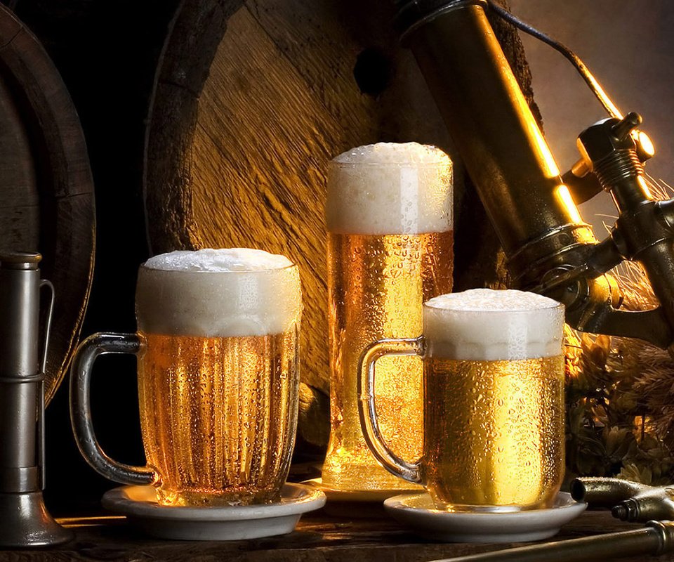 Обои пиво, бочки, хмель, пивные кружки, beer, barrels, hops, beer mugs разрешение 1920x1080 Загрузить