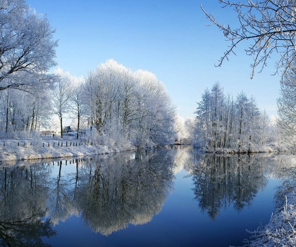 Обои деревья, снег, зима, отражение, пруд, trees, snow, winter, reflection, pond разрешение 1920x1080 Загрузить