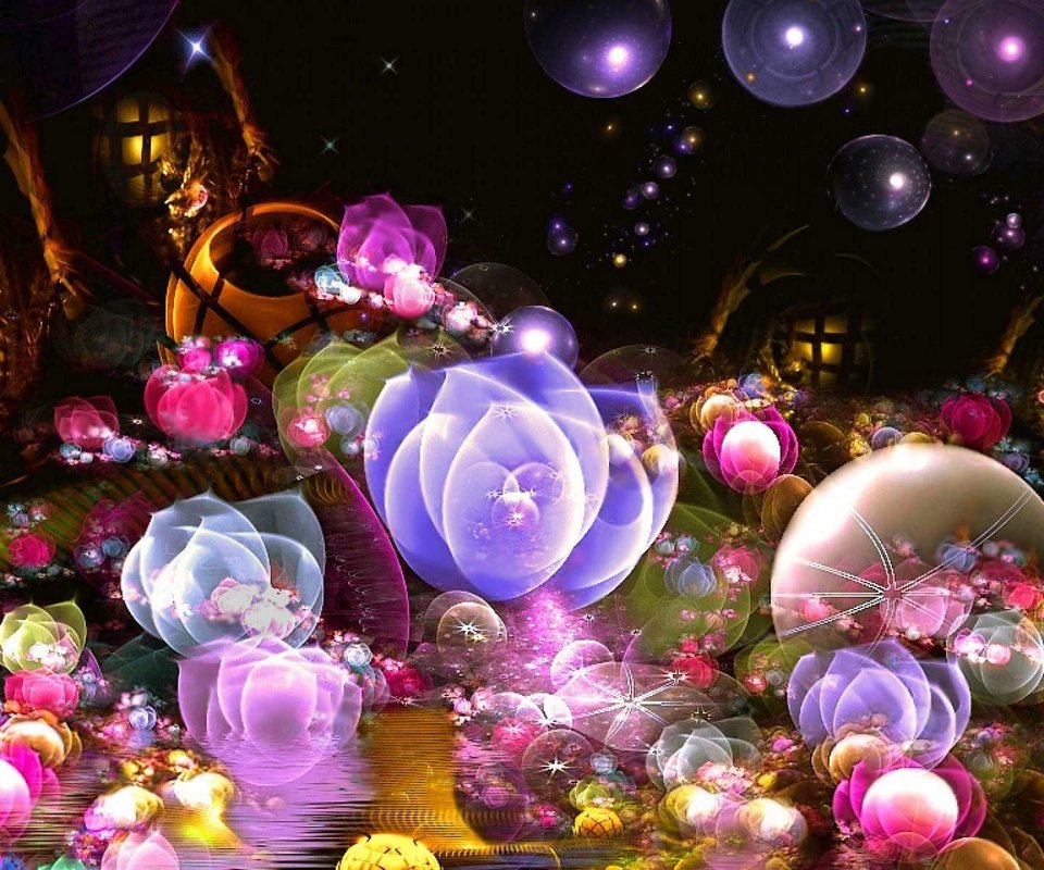Обои цветы, абстракция, разноцветные, пузыри, фрактал, кувшинки, flowers, abstraction, colorful, bubbles, fractal, water lilies разрешение 1920x1200 Загрузить