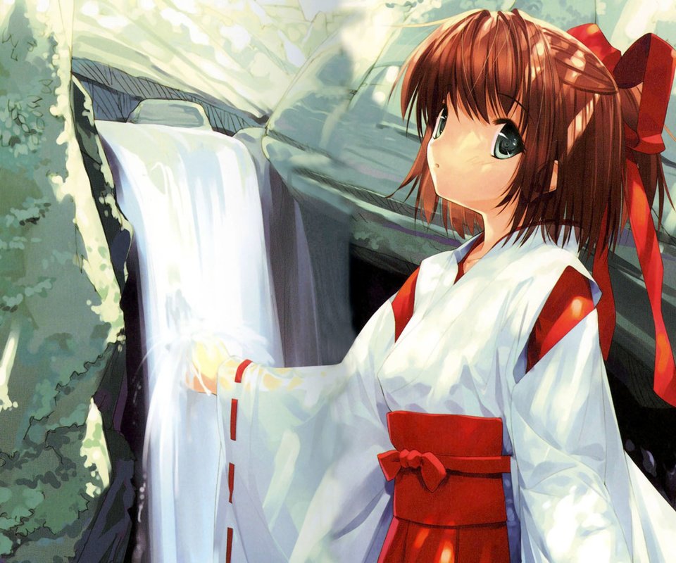 Обои водопад, ленточки, japanese clothes, miko, mikomai, misaka natsuki, ueda ryou, waterfall, ribbons разрешение 1920x1080 Загрузить