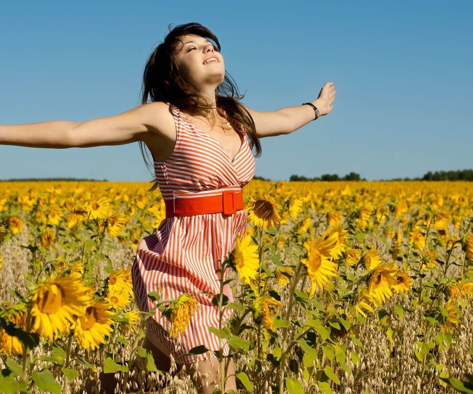 Обои девушка, поле, радость, подсолнухи, girl, field, joy, sunflowers разрешение 1920x1200 Загрузить