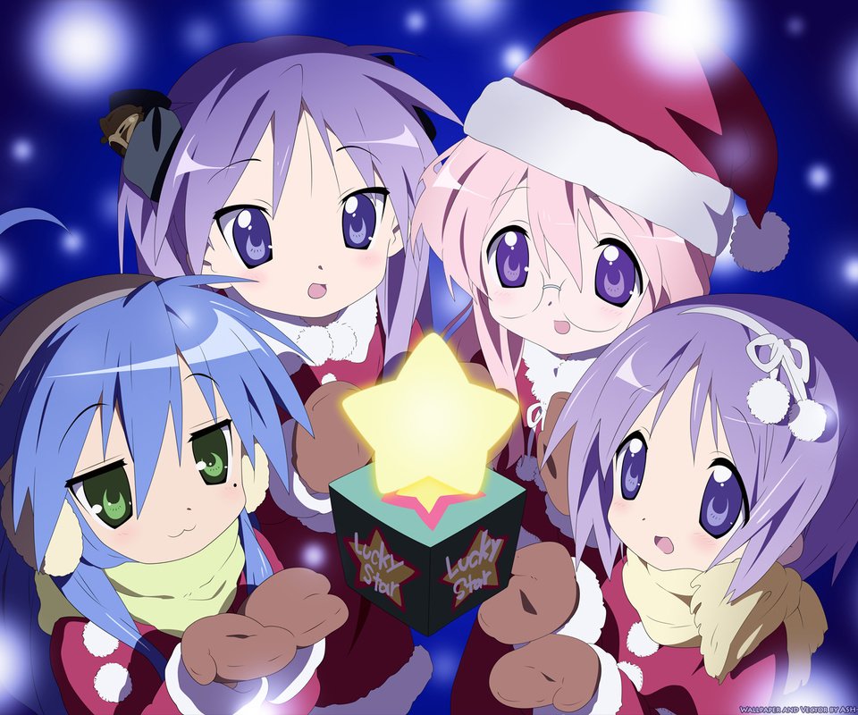 Обои lucky star, izumi konata, hiiragi tsukasa, hiiragi kagami, takara miyuki, елочная, christmas разрешение 1920x1200 Загрузить