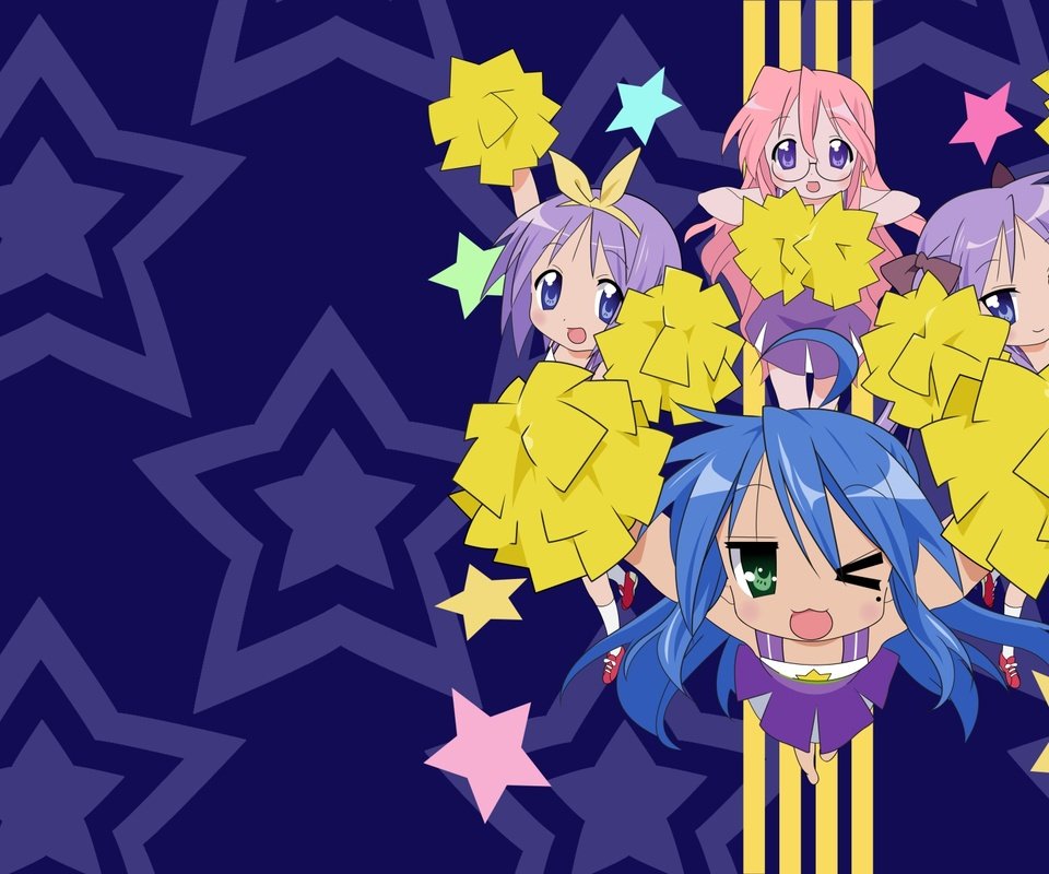 Обои lucky star, болельщица, izumi konata, hiiragi tsukasa, hiiragi kagami, takara miyuki, cheerleader разрешение 1920x1200 Загрузить