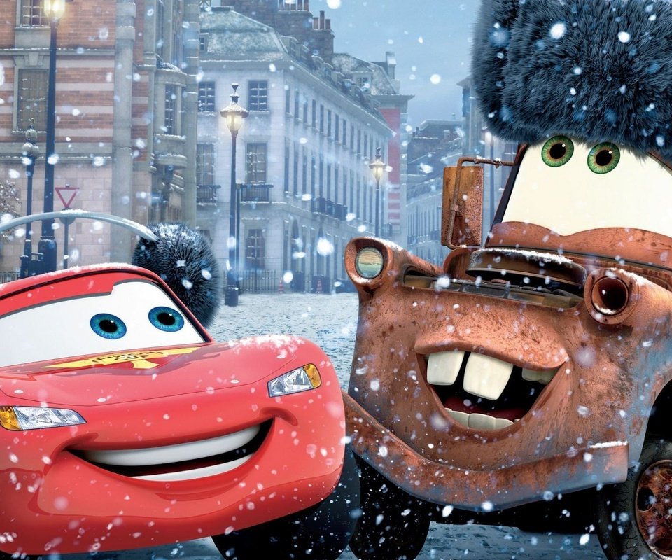 Обои снег, зима, мультфильм, тачки-2, cars2, молния маккуин, мэтр, snow, winter, cartoon, cars-2, lightning mcqueen, mater разрешение 1920x1200 Загрузить