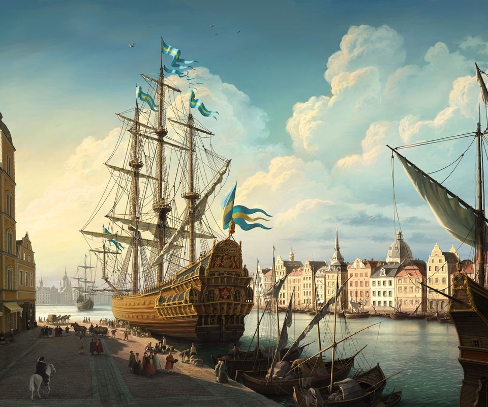 Обои рисунок, корабль, парусник, причал, figure, ship, sailboat, pier разрешение 3000x1709 Загрузить