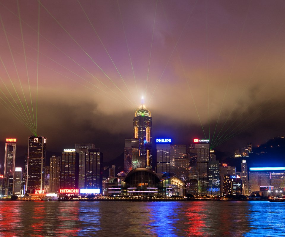 Обои огни, вода, небоскребы, гонконг, lights, water, skyscrapers, hong kong разрешение 5345x3563 Загрузить