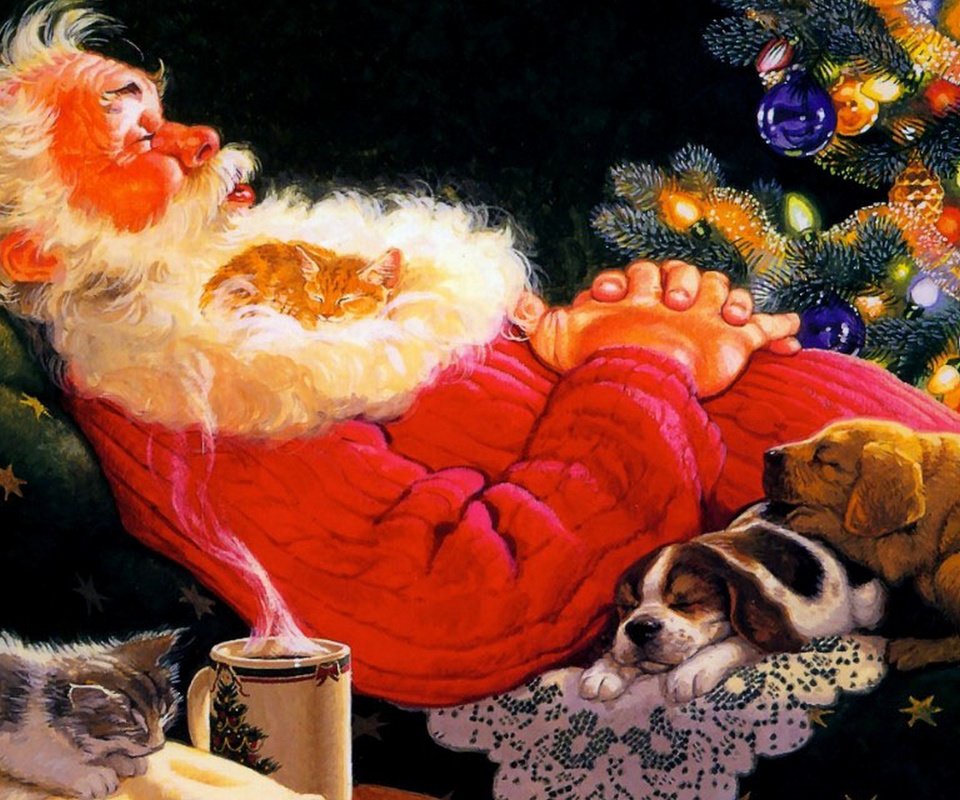 Обои рисунок, щенки, новый год, котята, елка, санта клаус, собачки, зима, котики, спит, дед мороз, кружка, кресло, figure, puppies, new year, kittens, tree, dogs, winter, seals, sleeping, santa claus, mug, chair разрешение 1920x1200 Загрузить
