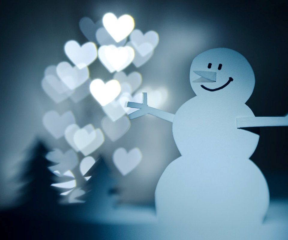 Обои новый год, зима, снеговик, сердечки, новогоднее настроение, new year, winter, snowman, hearts, christmas mood разрешение 1920x1200 Загрузить