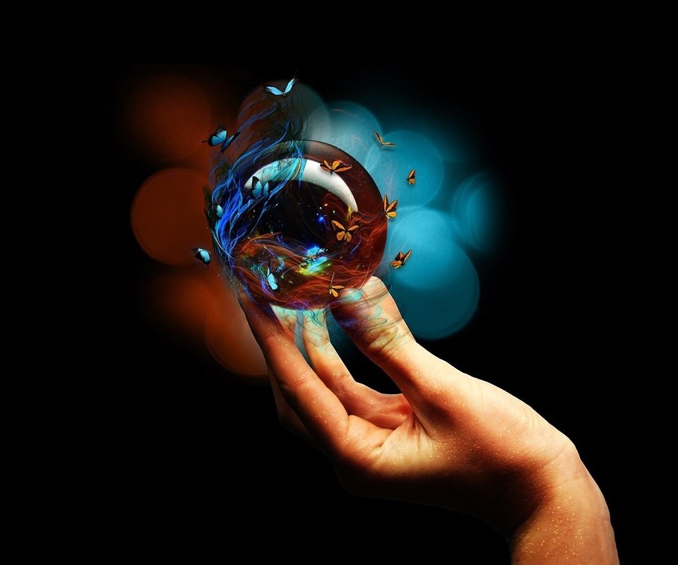 Обои рука, черный фон, бабочки, пальцы, стеклянный шар, hand, black background, butterfly, fingers, glass globe разрешение 1920x1200 Загрузить